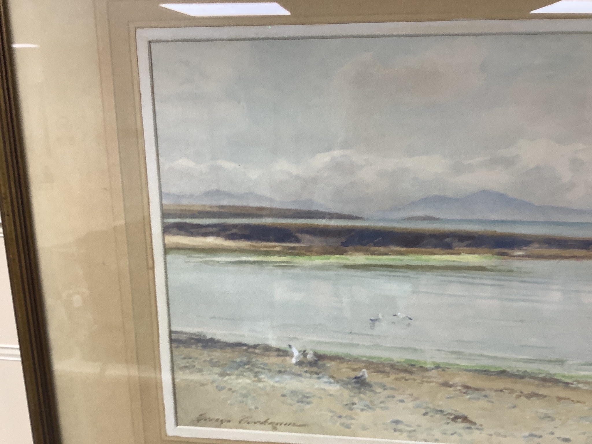 George Cockram (1861-1950), watercolour, Coastal landscape with gulls, signed, 27 x 55cm